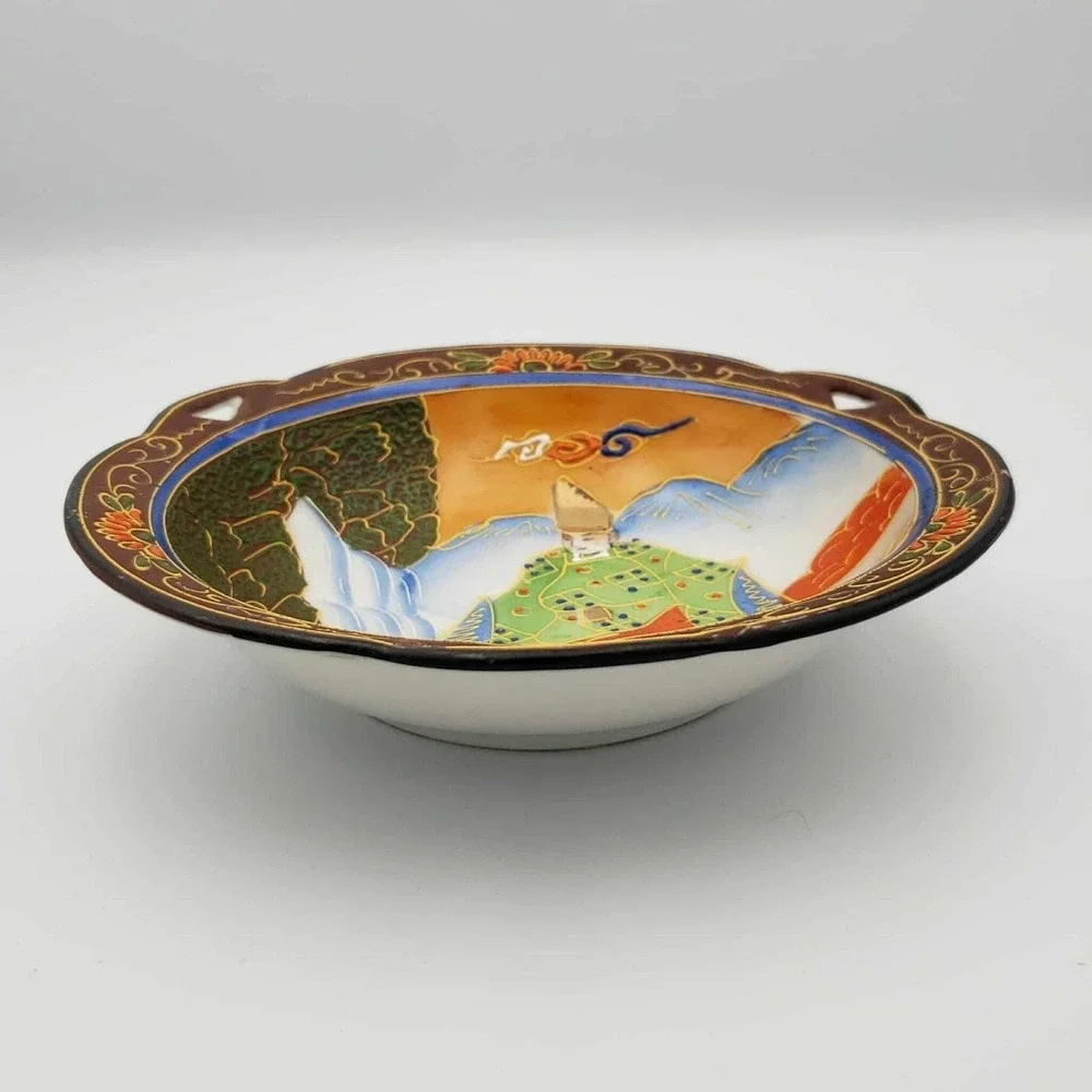 Japanese Satsuma Style Moriage Handled Bowl Figure 7.5